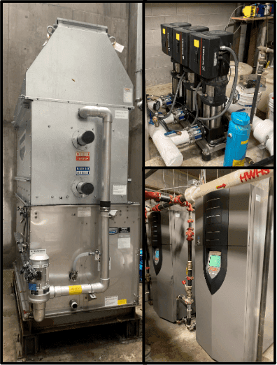 Mechanical room equipment: an air handling unit, booster pumps and a boiler
